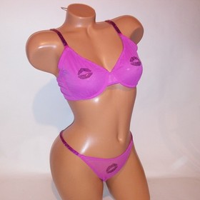 Victoria Secret Bra Set 36C Unlined Demi Medium Thong Panty Pink Shine Strap New