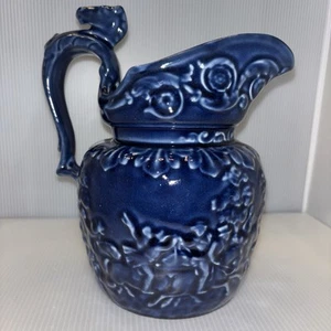 Arthur Wood England Blue Pitcher Embossed Riding Scene Horse Head Handle 1920s - Picture 1 of 18