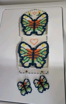 Vtg Groovy Butterfly Needlepoint Mail Holder Wall Hanging White & Blue Quirky - Image 1 of 4