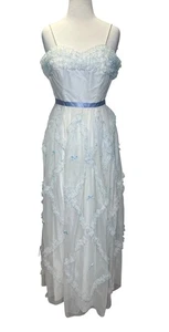 Vintage 1950s Layered Tulle Blue Ivory Bows Prom Dress Approx X Small/Small - Picture 1 of 21