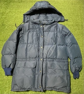 Vintage 80s Eddie Bauer Goose Down Coat Puffer Hooded Men’s Medium Navy Quilted - Picture 1 of 8