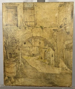 Ancienne huile sur toile : étude de village médiéval Ecole Française XIXe XXe - Foto 1 di 11