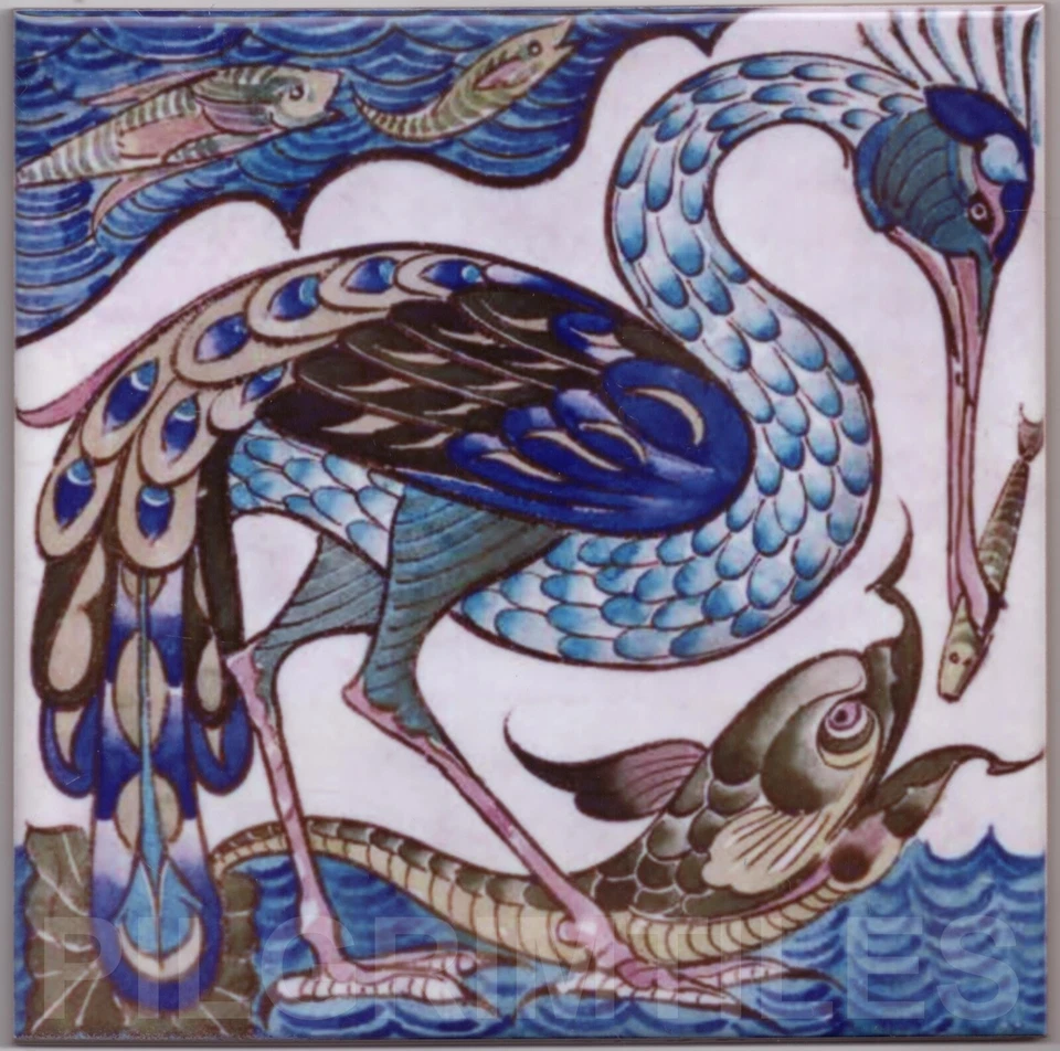 William De Morgan Heron & Fish Kiln Fired Ceramic or Porcelain Tile Kitchen Bath - Image 1 of 1