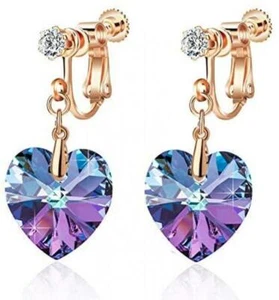 14K Gold Plated Crystal Heart Drop Clip On Dangle Earrings for Women Non Pierced - Picture 1 of 7
