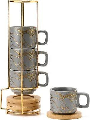 Taza de café espresso de porcelana con platillo y soporte de metal, 4 OZ cerámica Demitasse Foto 1 de 4