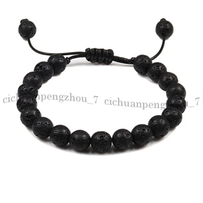 Black Lava Rock Natural Round Gems Beads Adjustable Bracelet 7.5'' 6/8/10/12mm - Image 1 of 4