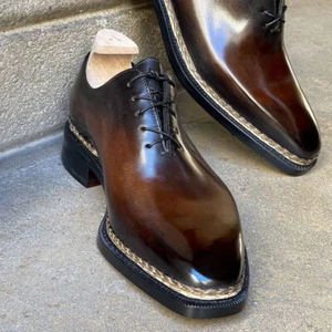 New Handmade Leather Derbi Chocolate Brown Patina Leather Dress Shoes - Picture 1 of 9