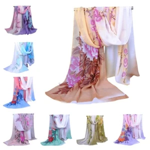 Women Floral Chiffon Soft Long Scarf Stole Wrap Flowers Shawl Headscarf Muffler  - Picture 1 of 9