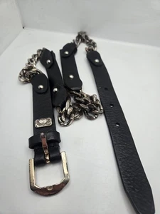Womens Size Medium Black Leather Belt with Silver chains 36" Punk Rock Goth - Picture 1 of 7