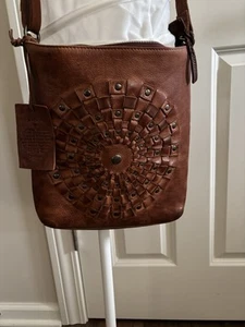 Vilenca Holland Woven Genuine Leather Studded Crossbody Brown Made In India - Picture 1 of 8