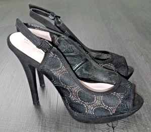 ZAPATOS MUJER NEXT SLINGBACK UK 7 NEGRO ENCAJE TACÓN SANDALIAS CORREA FIESTA VESTIDO DE NAVIDAD - Imagen 1 de 14