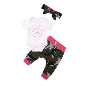 Daddy’s Princess Romper Bodysuit Camouflage Pants Headband Set 6-12 Months - Picture 1 of 7