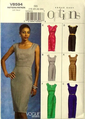 VOGUE PATTERN DRESS LINED FITTED BODICE 6 OPTIONS SIZE 8-16 or 18-24 # V8594 - Image 1 of 3