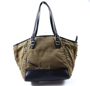 DIESEL Y2K Studded Leather Canvas Tote Bag Khaki Japan Used Free Shipping - Picture 1 of 7