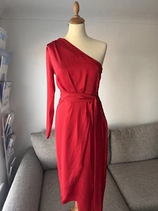 Jenerique Red Satin Drape / Wrap One Shoulder Dress & Belt in Size 14 - BNWT - Picture 1 of 10