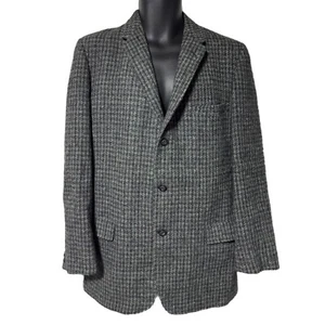Vintage Gray Blue Houndstooth Harris Tweed Wool Coat 3 Button Blazer Jacket 42 - Picture 1 of 12