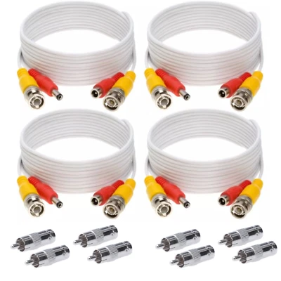 4 x 20FT Video Power Cable BNC DC Security Camera RCA DVR Cord for CCTV White - Image 1 of 4