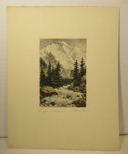 Impresión artística vintage escena de la naturaleza montañas árbol y río firmada - Imagen 1 de 8