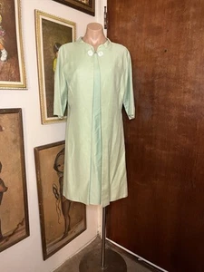 Vintage 60's Spring Handmade Matching Mint Green Wiggle Dress Long Coat Set S - Picture 1 of 6