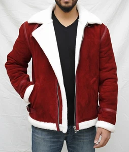 Ryan Reynolds Spirited Shearling Leather Jacket Red Suede Christmas Coat - Picture 1 of 6