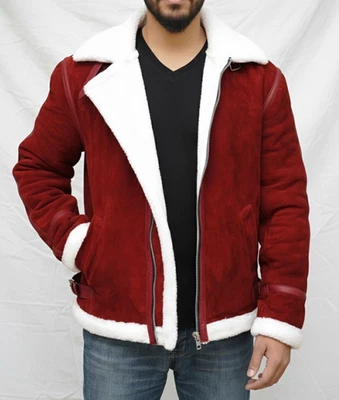 Ryan Reynolds Spirited Shearling Leather Jacket Red Suede Christmas Coat - Image 1 of 4