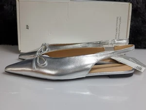 H&M Leather Slingback Ballet with Bow Women's US 7 Silver Flats Shoes (61233) - Picture 1 of 14