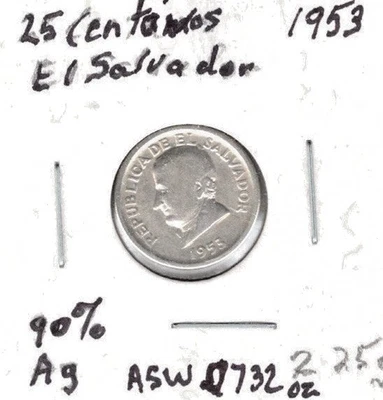 Moneda de 25 centavos El Salvador 1953 90% plata Foto 1 de 2