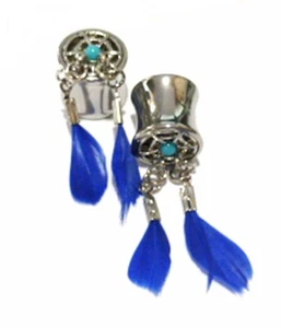 PAIR-Dream Catcher Blue Feathers Steel Double Flare Ear Plugs 16mm/5/8" Gauge - Picture 1 of 4