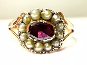 Antique 9ct Rose Gold Oval Garnet Pearl Cluster Georgian Ring 'JJG' Size V - Picture 1 of 14