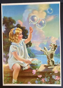 Vintage 1930-40's Mabel Rollins Harris Lithograph Girl & Dog Playing w/ Bubbles - Picture 1 of 7