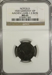 Germany 10 Pfennig 1920 NGC MS 63 UNC Iron City of Aachen Lamb-1.3 - Picture 1 of 4