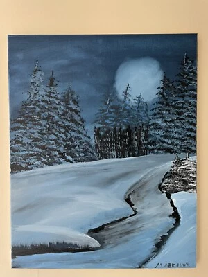 Pintura acrílica original em tela paisagem assinada estilo Bob Ross neve inverno - Imagem 1 de 4