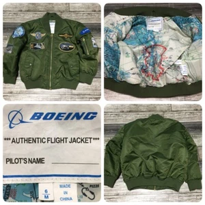 Boeing Flight Jacket Bomber Kids 6 Green Full Zip Patches - Picture 1 of 12