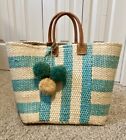 Mar Y Sol~Collins Teal Striped Woven Tote w PomPom?s, In Excelent Condition