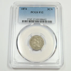 1874 PCGS F12- Three Cent Nickel - 3c US Coin #50110A - Picture 1 of 2