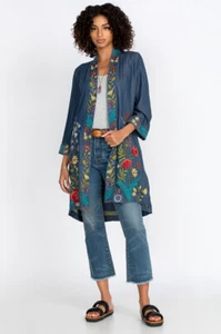 Johnny Was Kimono Long Provence Coat Denim Blue Embroidery Jacket LARGE L NEW - Picture 1 of 8
