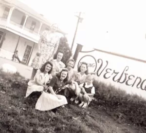 Verbena Park Snapshot Photograph Vintage Group of Women Esso Sign - Picture 1 of 5