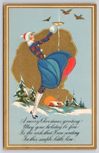 1920s Art Deco CHRISTMAS Postcard Lady in Fur trimmed Dress Feeds Birds Unposted - Picture 1 of 2