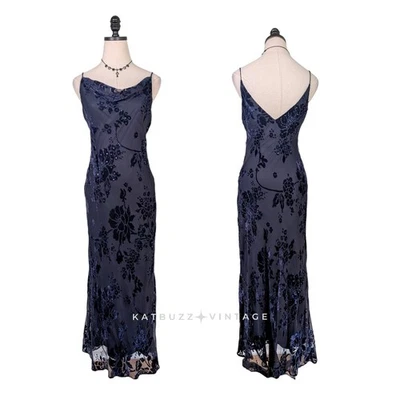 Vintage Velvet Burnout Maxi Dress Prom Gown 4P Blue Y2K 90s Goth Grunge Floral - Image 1 of 4