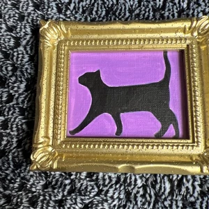 Gato negro, divertido, lindo, original, pintura en miniatura, pequeño, mini, enmarcado - Imagen 1 de 4