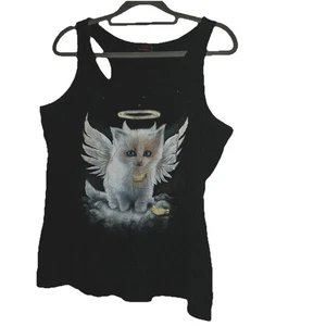 Camiseta sin mangas Spiral Direct para mujer XL negra alas de ángel gatito halo gráfico gótico - Imagen 1 de 5