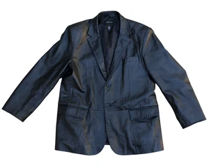 Vintage CLAIBORNE 100% Genuine Leather Blazer Jacket Men's 44R Black Button - Picture 1 of 12