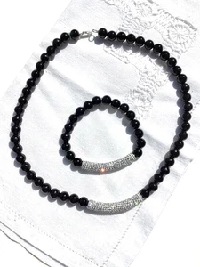 Black Onyx Round Bead Necklace Matching Stretch Bracelet Rhinestone Pavé Bar - Picture 1 of 9