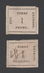 RARE FIJI STAMPS 1871 FIJI TIMES EXPRESS 22.5x18.5mm 1d & 1/- RIBBED GENUINE - Picture 1 of 22