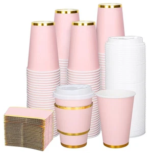 50Pcs Light Pink Disposable Coffee Cups with Lids and Sleeves 12Oz Foil Gold ... - Bild 1 von 7