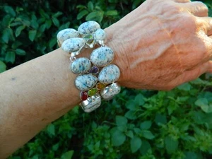 Bold White Blue Dendritic Opal Multi-Gem Silver Bracelet 7 3/4"-9" - Picture 1 of 6