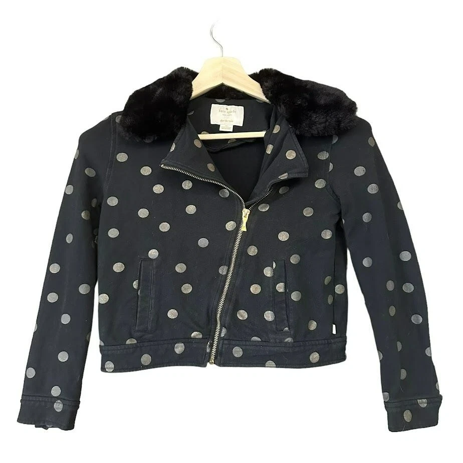 Kate Spade Black Gold Polka Dot Fur Collar Cropped Moto Jacket Girls 12 - Image 1 of 4