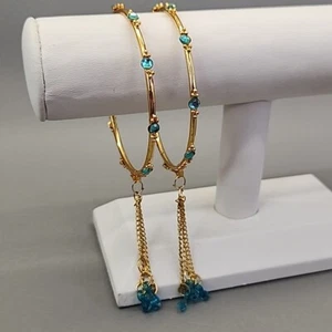 Vintage Bangle Bracelet Set of 2 Blue Bead Gold Tone Dangles Tassels - Picture 1 of 7