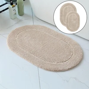 2 Piece Bath Mat Set - Oval Solid Bordered Bathroom Mat Soft Plush Shag Cozy - Picture 1 of 25