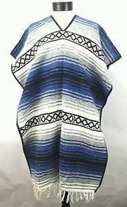 Poncho Bohemian Boho Hippie Handmade Tribal Fransen Blau Grau Bk One Size Unisex - Bild 1 von 3